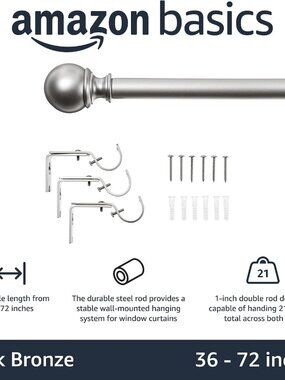 Amazon Basics Curtain Rod Round Finials 1-Inch Rod 36" to 72" Nickel 1-Pack